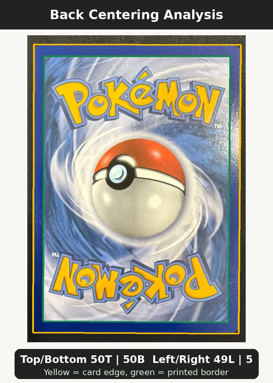 Umbreon & Darkrai GX 125/236 Unified Minds back centering analysis showing Top/Bottom 50T | 50B and Left/Right 49L | 51R.