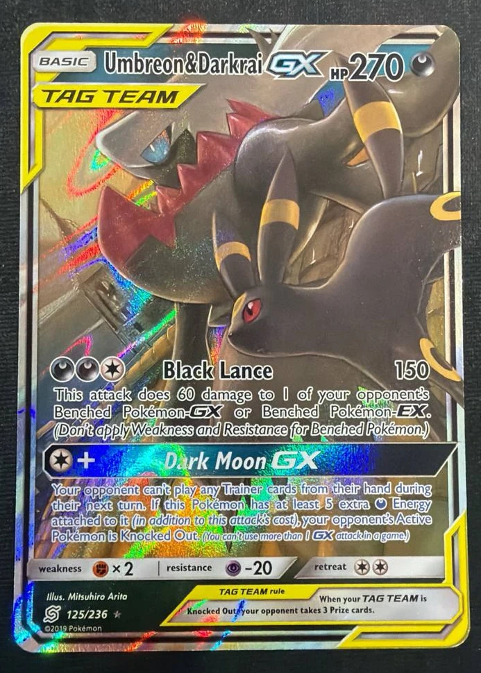 Umbreon & Darkrai GX 125/236 Unified Minds front card photo in GradeValue pregrading report
