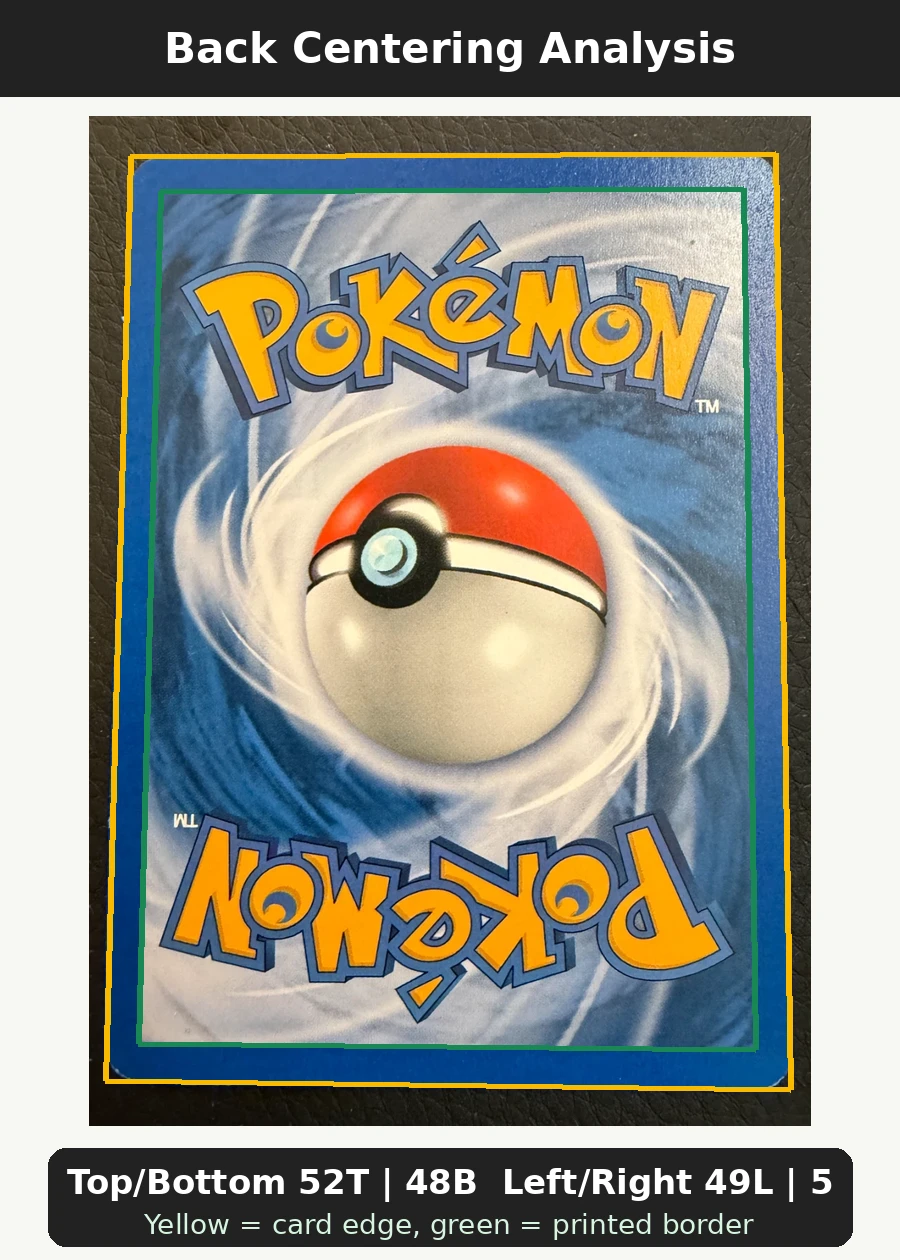 Squirtle 083/112 FireRed & LeafGreen back centering analysis showing Top/Bottom 52T | 48B and Left/Right 49L | 51R.