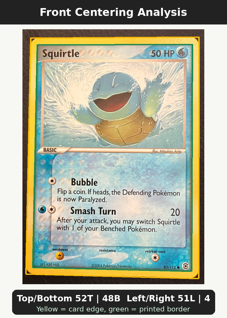 Squirtle 083/112 FireRed & LeafGreen front centering analysis showing Top/Bottom 52T | 48B and Left/Right 51L | 49R.