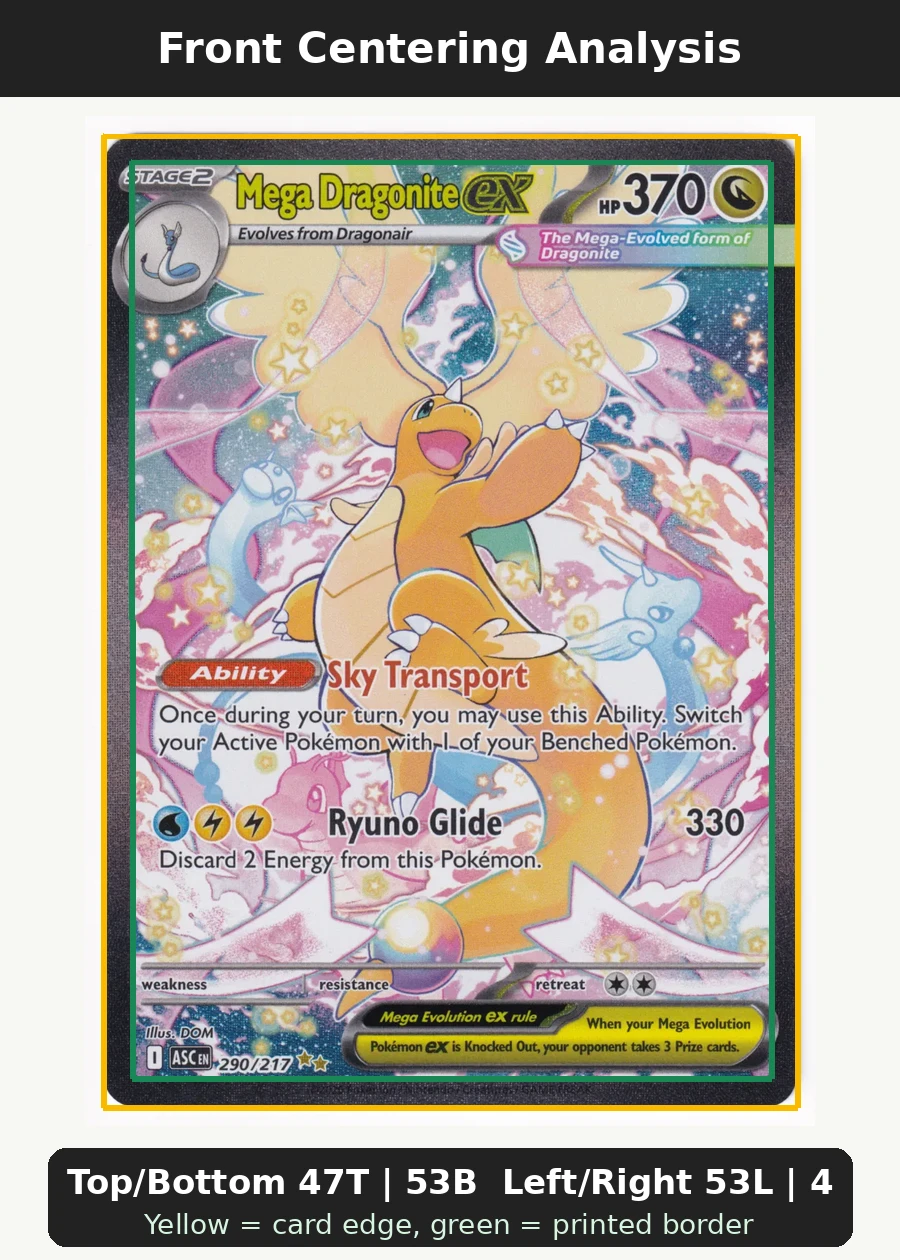 Mega Dragonite ex 290/217 Ascended Heroes front centering analysis showing Top/Bottom 47T | 53B and Left/Right 53L | 47R.