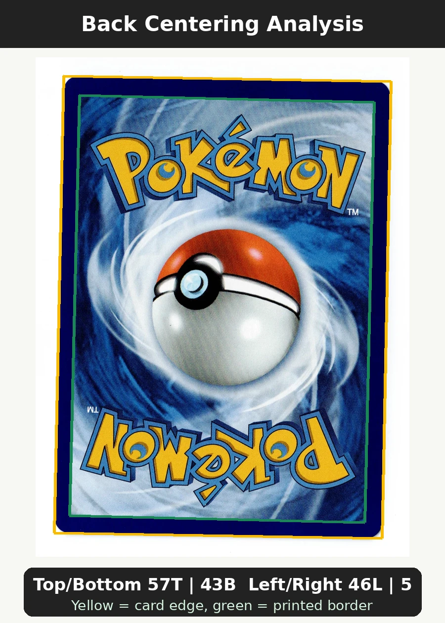 Mega Hawlucha ex 283/217 Ascended Heroes back centering analysis showing Top/Bottom 57T | 43B and Left/Right 46L | 54R.