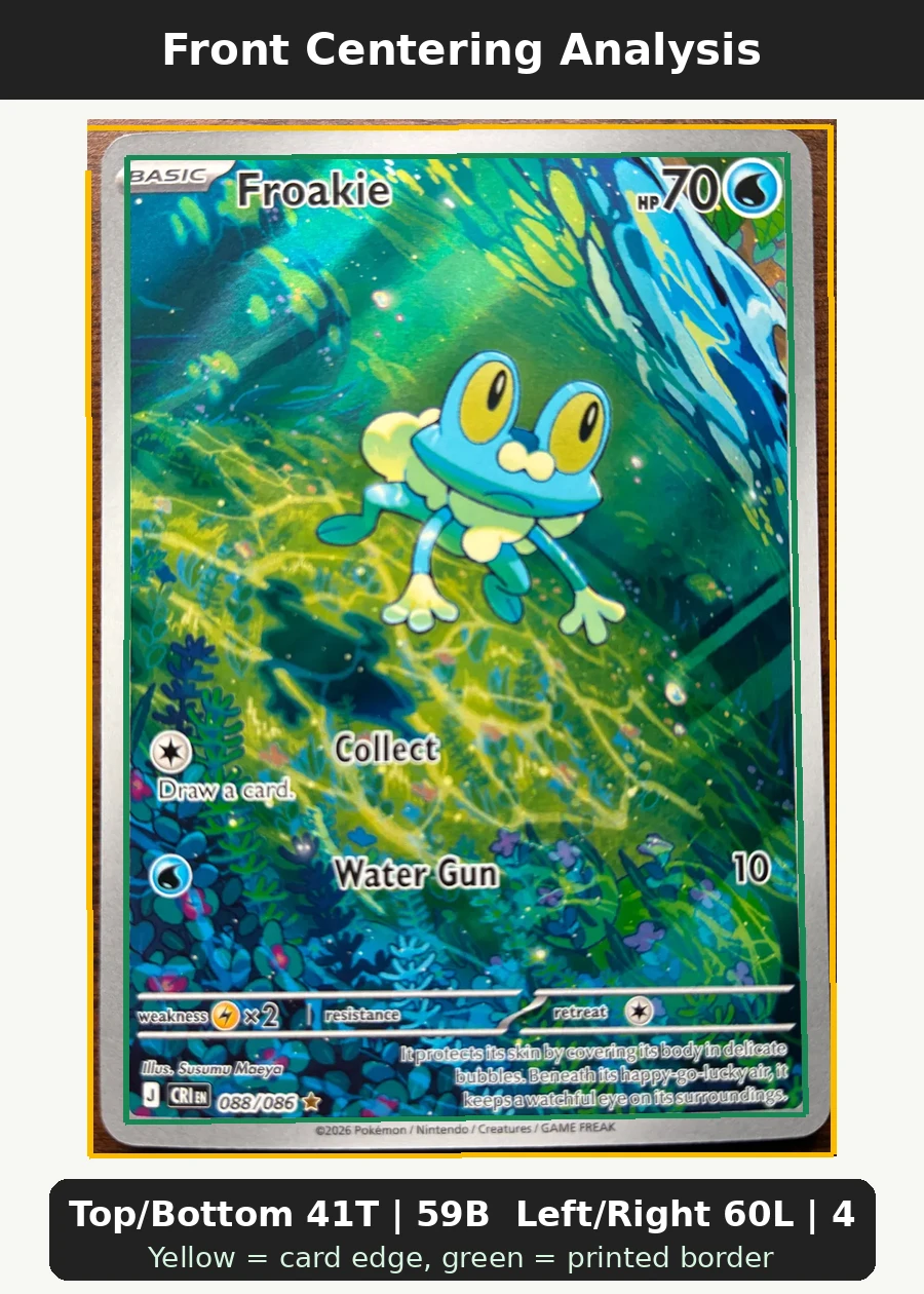 Froakie 088/86 Chaos Rising front centering analysis showing Top/Bottom 41T | 59B and Left/Right 60L | 40R.