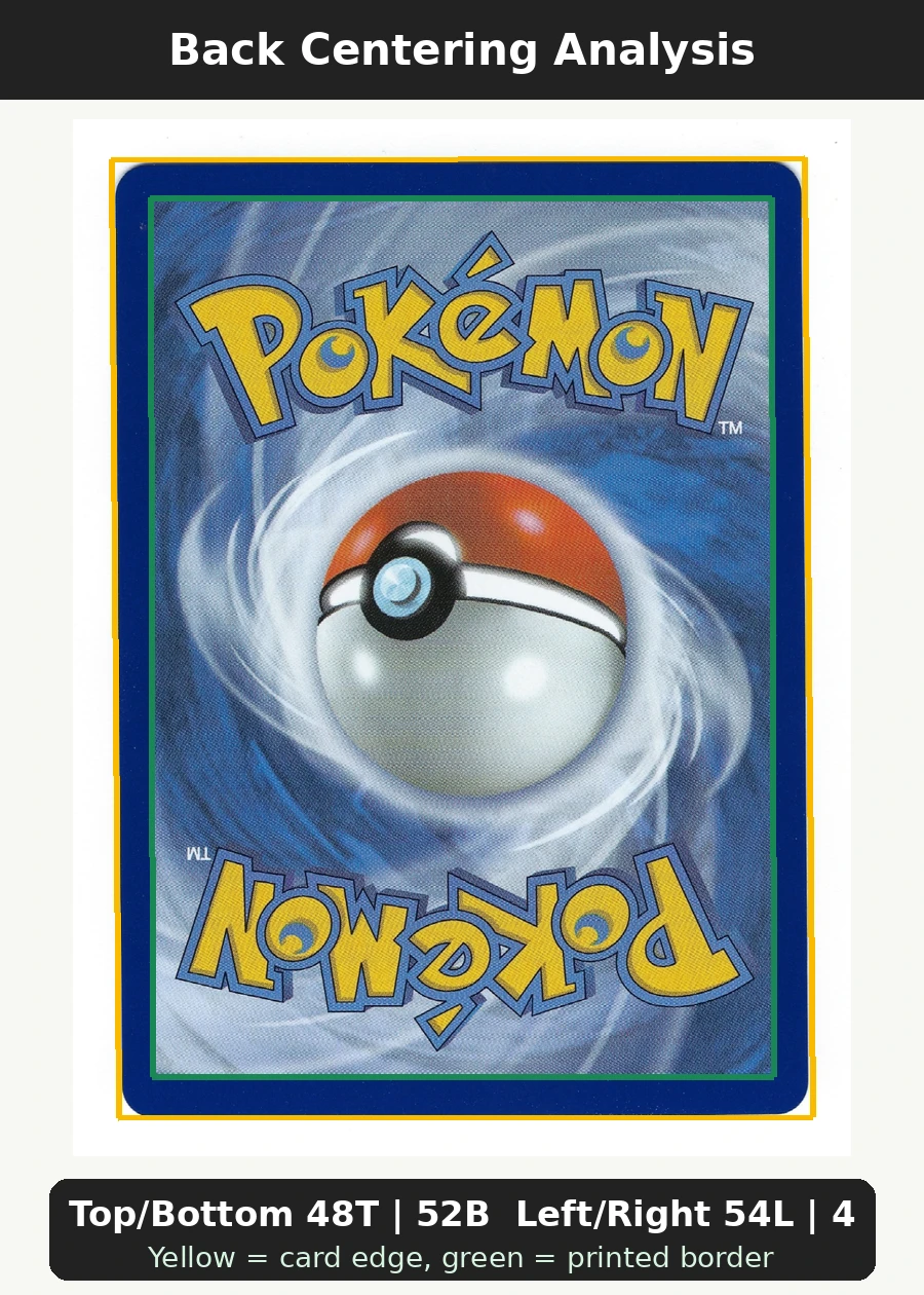 Meowth ex 121/88 Perfect Order back centering analysis showing Top/Bottom 48T | 52B and Left/Right 54L | 46R.