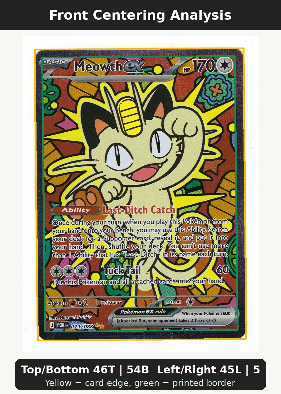 Meowth ex 121/88 Perfect Order front centering analysis showing Top/Bottom 46T | 54B and Left/Right 45L | 55R.