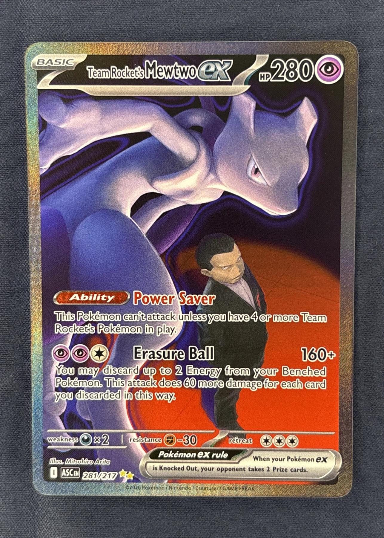 Team Rocket's Mewtwo ex 281/217 Ascended Heroes front card photo in GradeValue pregrading report