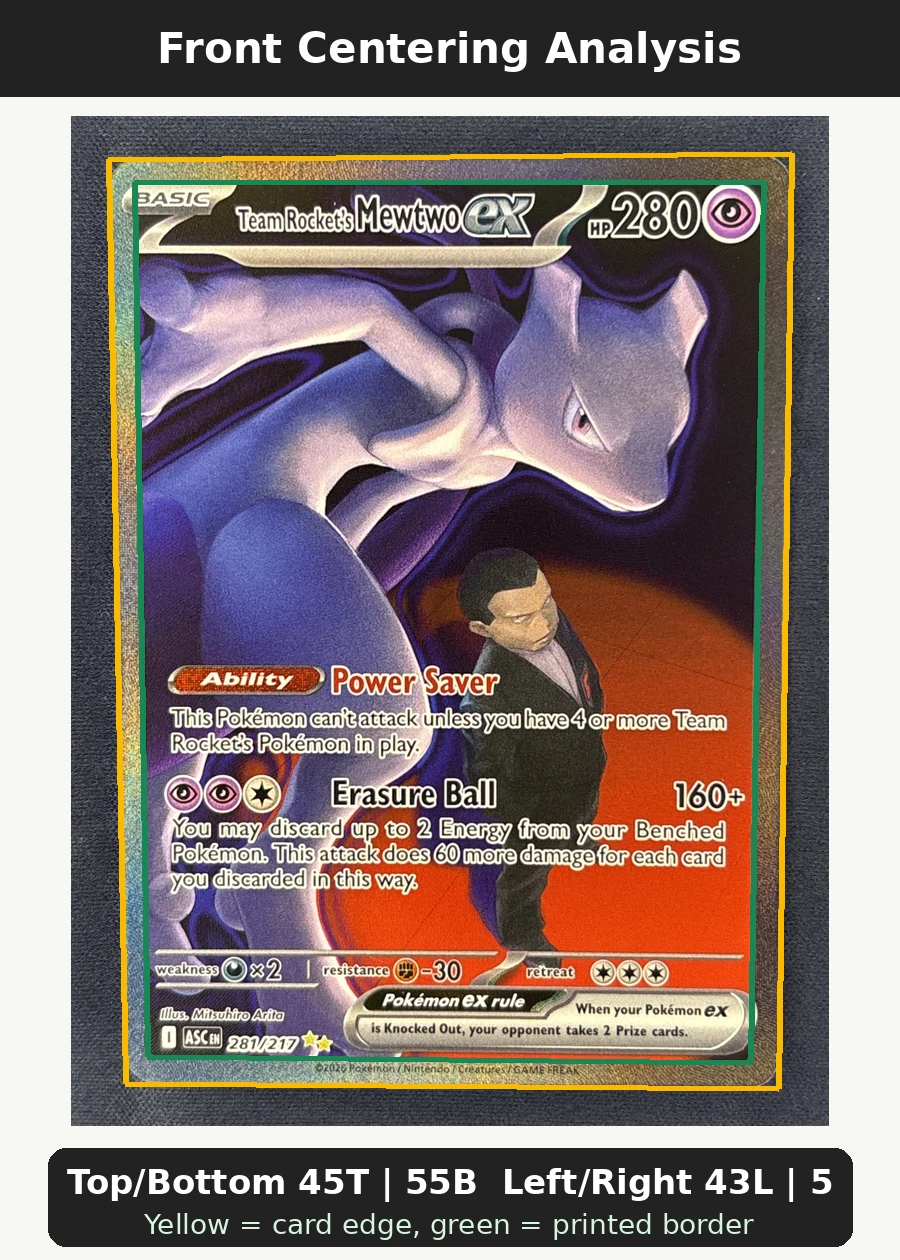 Team Rocket's Mewtwo ex 281/217 Ascended Heroes front centering analysis showing Top/Bottom 45T | 55B and Left/Right 43L | 57R.