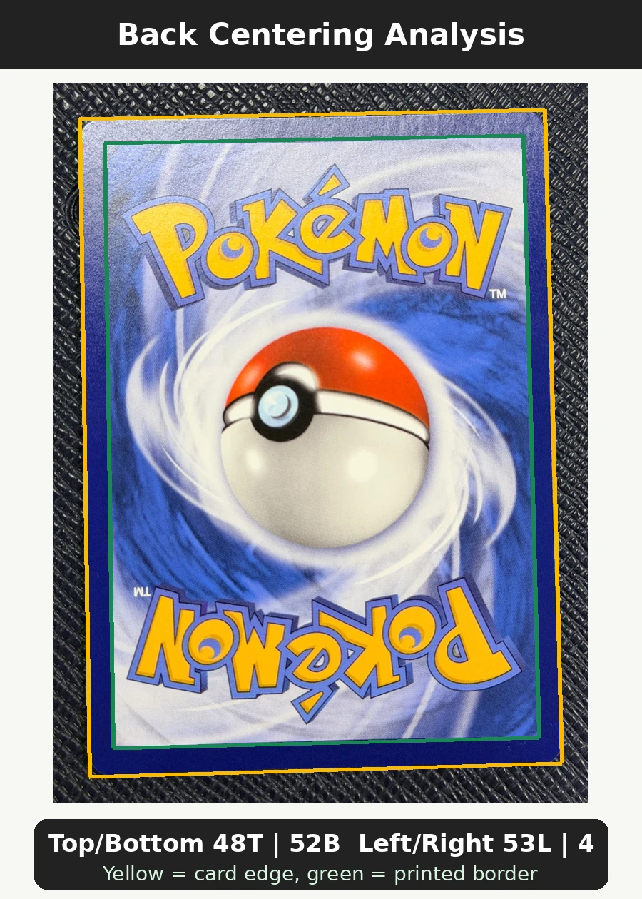 Shining Lugia SM82/248 SM Black Star Promos back centering analysis showing Top/Bottom 48T | 52B and Left/Right 53L | 47R.
