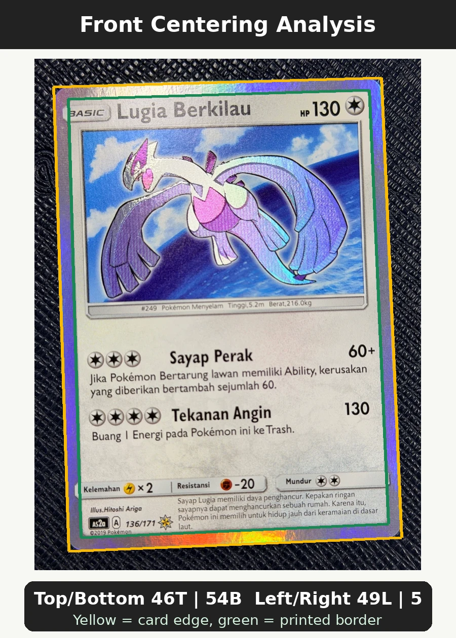 Shining Lugia SM82/248 SM Black Star Promos front centering analysis showing Top/Bottom 46T | 54B and Left/Right 49L | 51R.