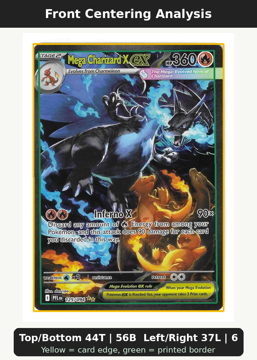 Mega Charizard X ex 125/94 Phantasmal Flames front centering analysis showing Top/Bottom 44T | 56B and Left/Right 37L | 63R.
