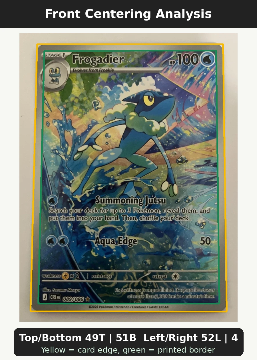 Frogadier 089/86 Chaos Rising front centering analysis showing Top/Bottom 49T | 51B and Left/Right 52L | 48R.