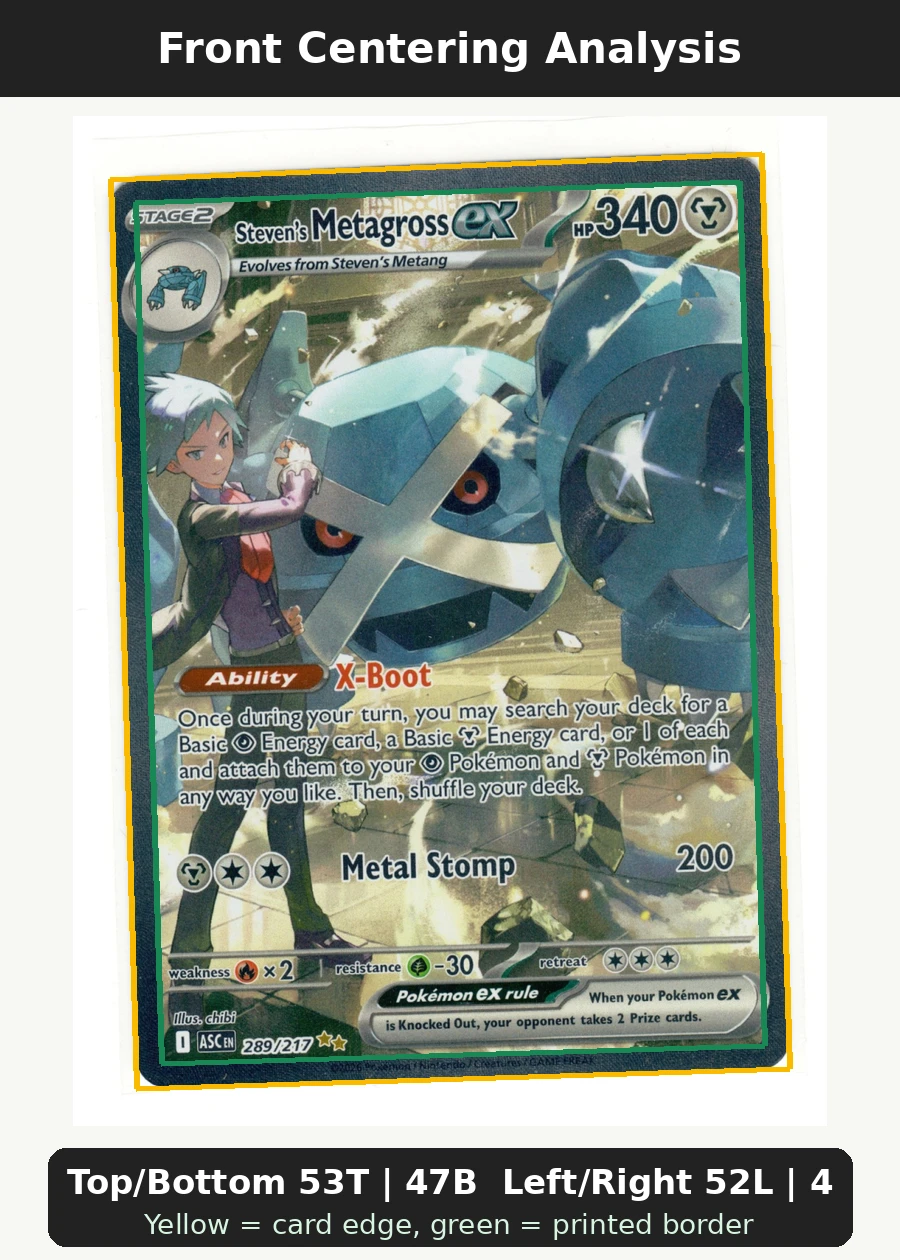 Steven's Metagross ex 289/217 Ascended Heroes front centering analysis showing Top/Bottom 53T | 47B and Left/Right 52L | 48R.