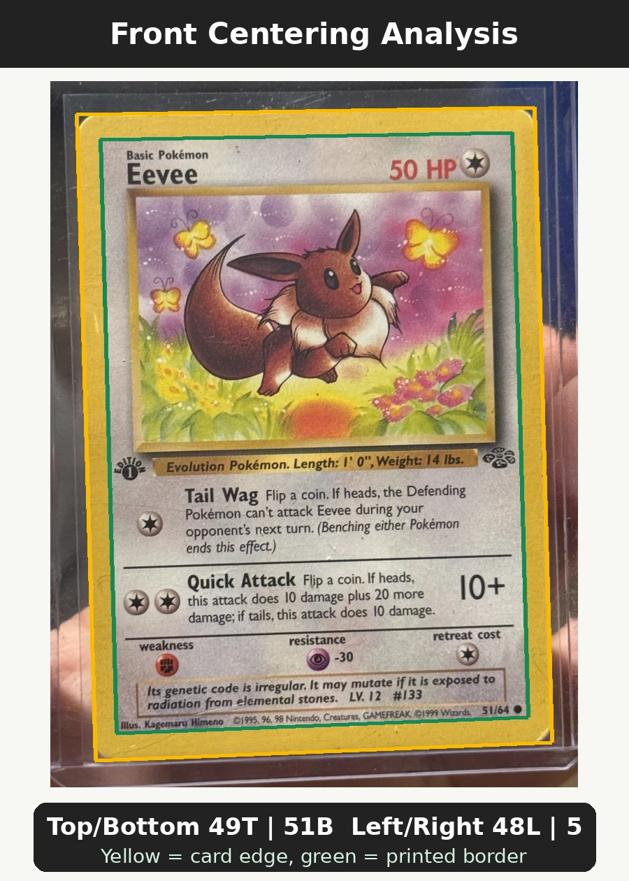 Eevee 051/64 · Normal Jungle front centering analysis showing Top/Bottom 49T | 51B and Left/Right 48L | 52R.