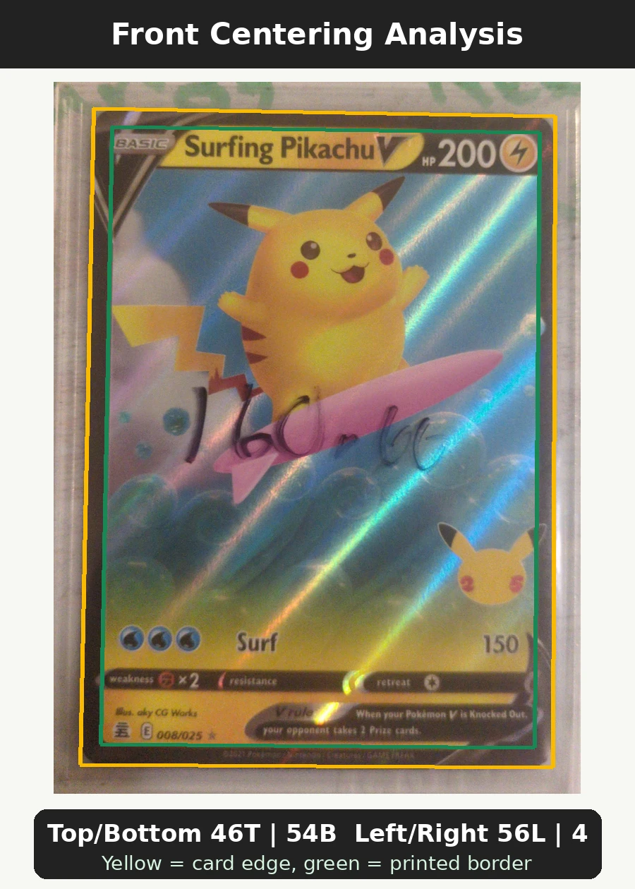 Surfing Pikachu V 008/25 Celebrations front centering analysis showing Top/Bottom 46T | 54B and Left/Right 56L | 44R.