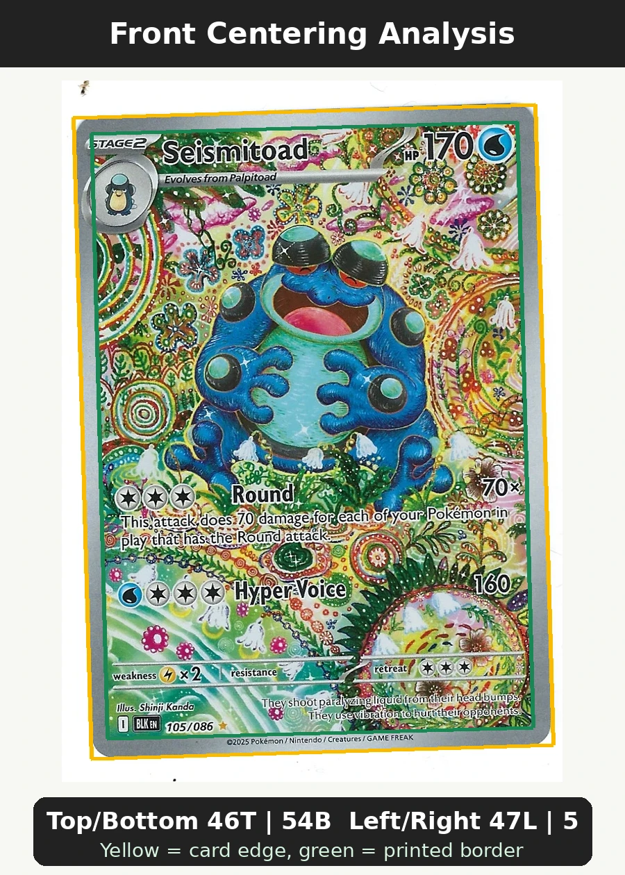 Seismitoad 105/86 Black Bolt front centering analysis showing Top/Bottom 46T | 54B and Left/Right 47L | 53R.