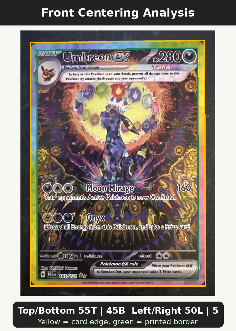 Umbreon ex 161/131 Prismatic Evolutions front centering analysis showing Top/Bottom 55T | 45B and Left/Right 50L | 50R.