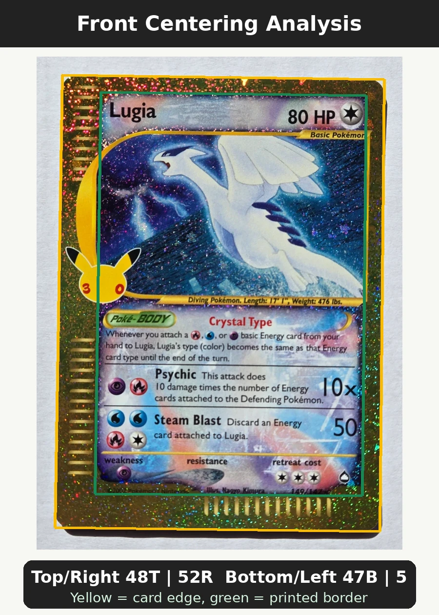 Lugia 149 30th Classic Collection front centering analysis showing Top/Right 48T | 52R and Bottom/Left 47B | 53L.