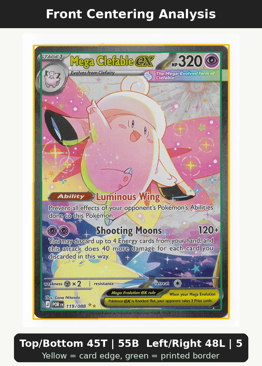 Mega Clefable ex 119/88 Perfect Order front centering analysis showing Top/Bottom 45T | 55B and Left/Right 48L | 52R.