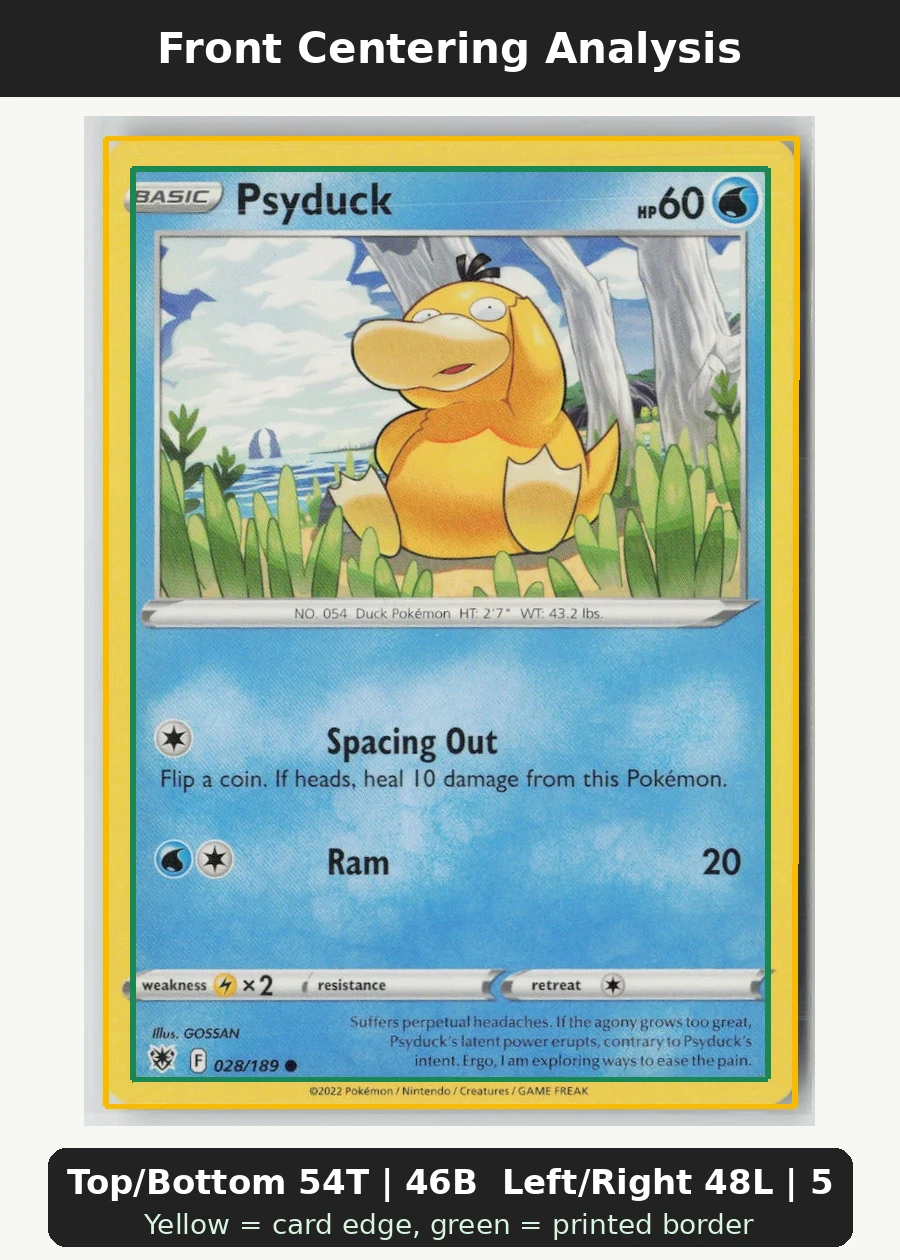 Psyduck 028/189 · Normal Astral Radiance front centering analysis showing Top/Bottom 54T | 46B and Left/Right 48L | 52R.