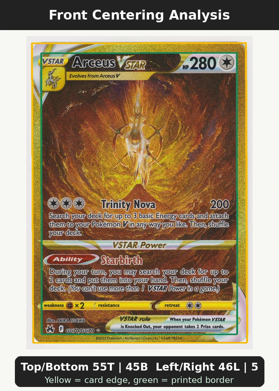 Arceus VSTAR GG70/159 Crown Zenith front centering analysis showing Top/Bottom 55T | 45B and Left/Right 46L | 54R.