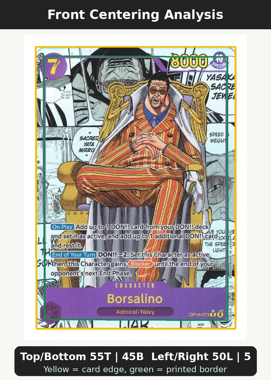 Borsalino OP16-073 The Time of Battle front centering analysis showing Top/Bottom 55T | 45B and Left/Right 50L | 50R.