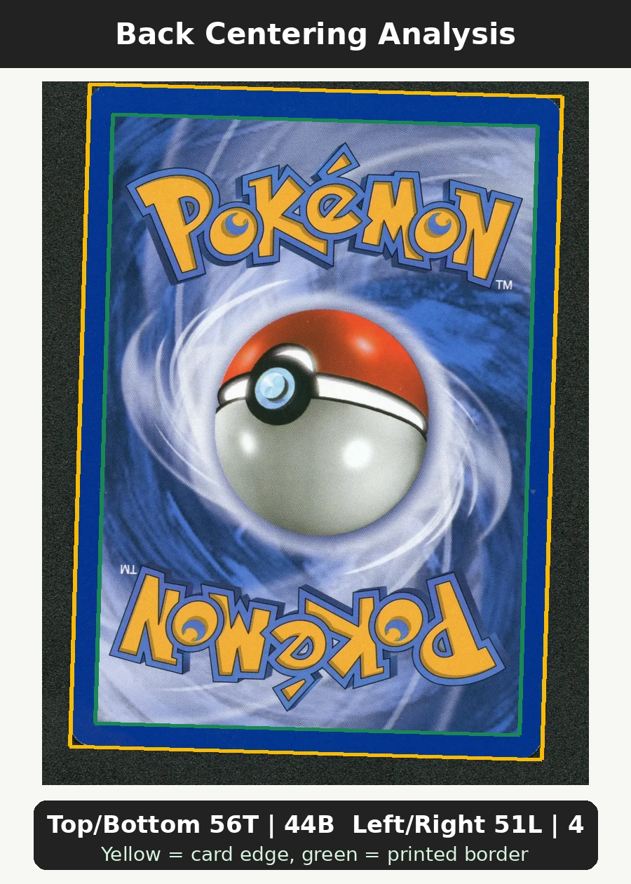 Infernape DP10/56 DP Black Star Promos back centering analysis showing Top/Bottom 56T | 44B and Left/Right 51L | 49R.