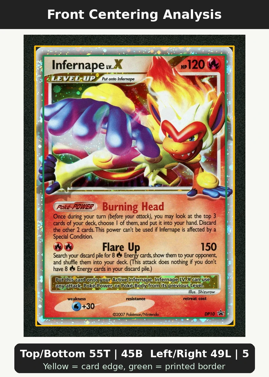 Infernape DP10/56 DP Black Star Promos front centering analysis showing Top/Bottom 55T | 45B and Left/Right 49L | 51R.