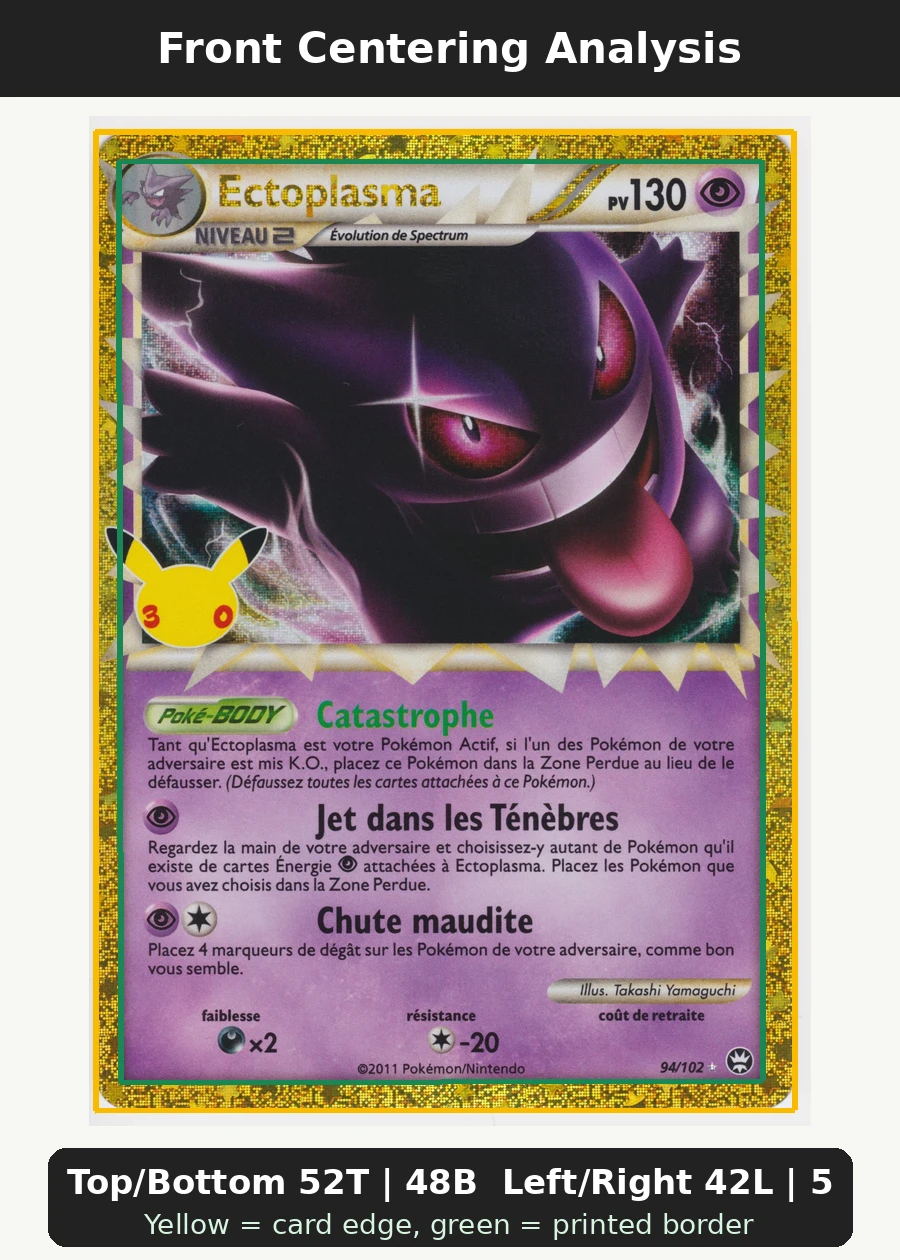 Gengar 094 30th Classic Collection front centering analysis showing Top/Bottom 52T | 48B and Left/Right 42L | 58R.