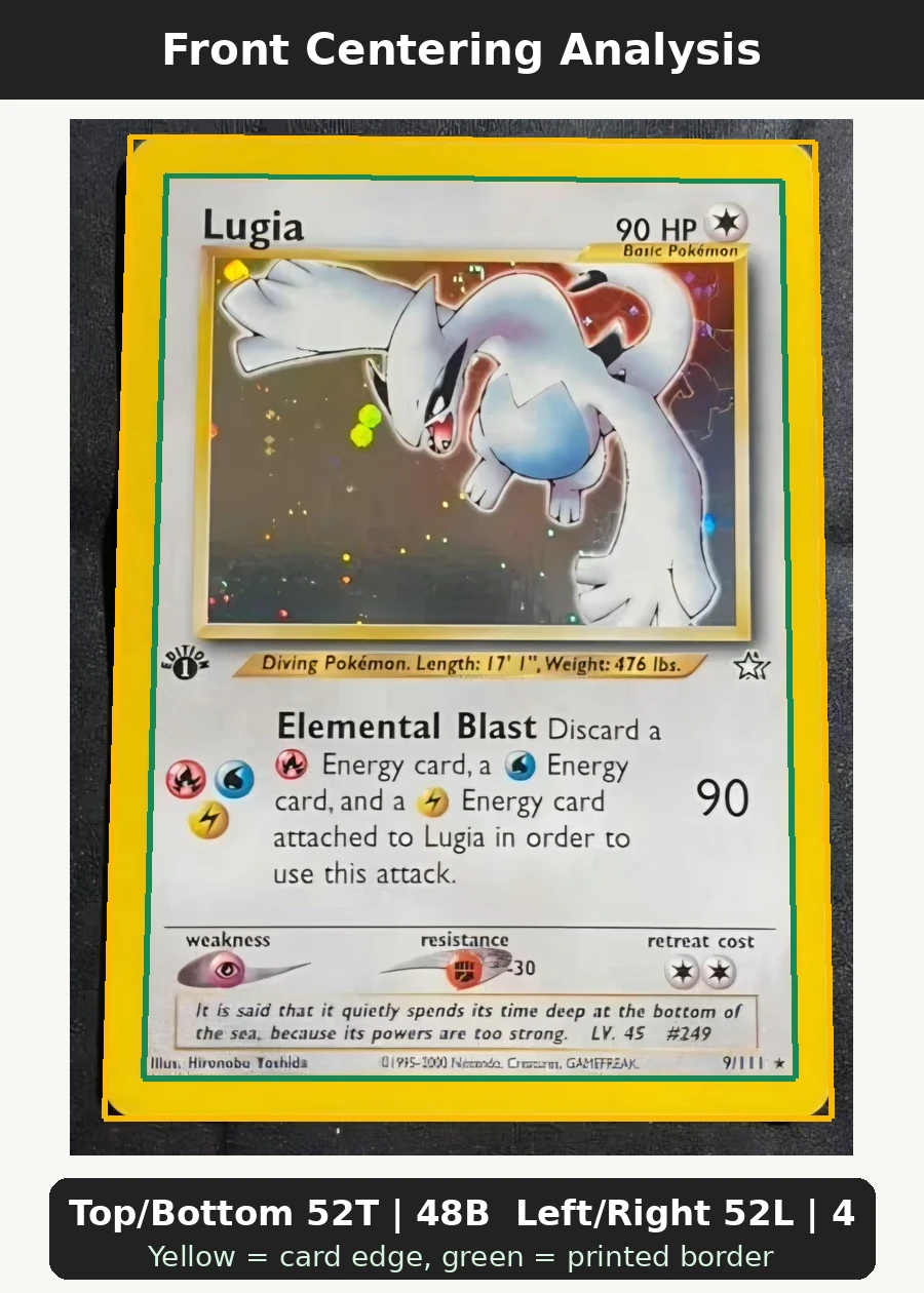 Lugia 009/111 Neo Genesis front centering analysis showing Top/Bottom 52T | 48B and Left/Right 52L | 48R.