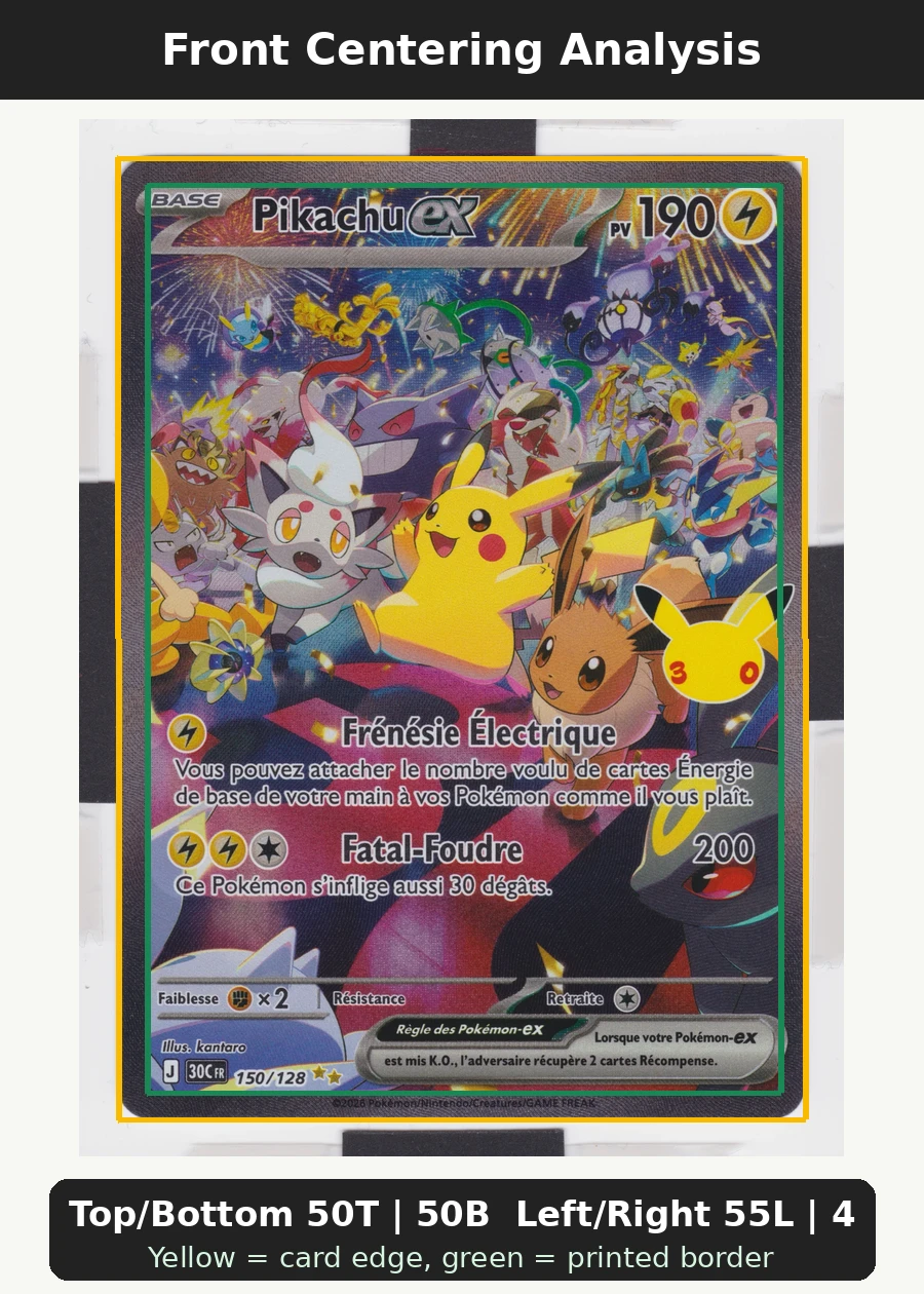 Pikachu ex 150/128 30th Celebration front centering analysis showing Top/Bottom 50T | 50B and Left/Right 55L | 45R.
