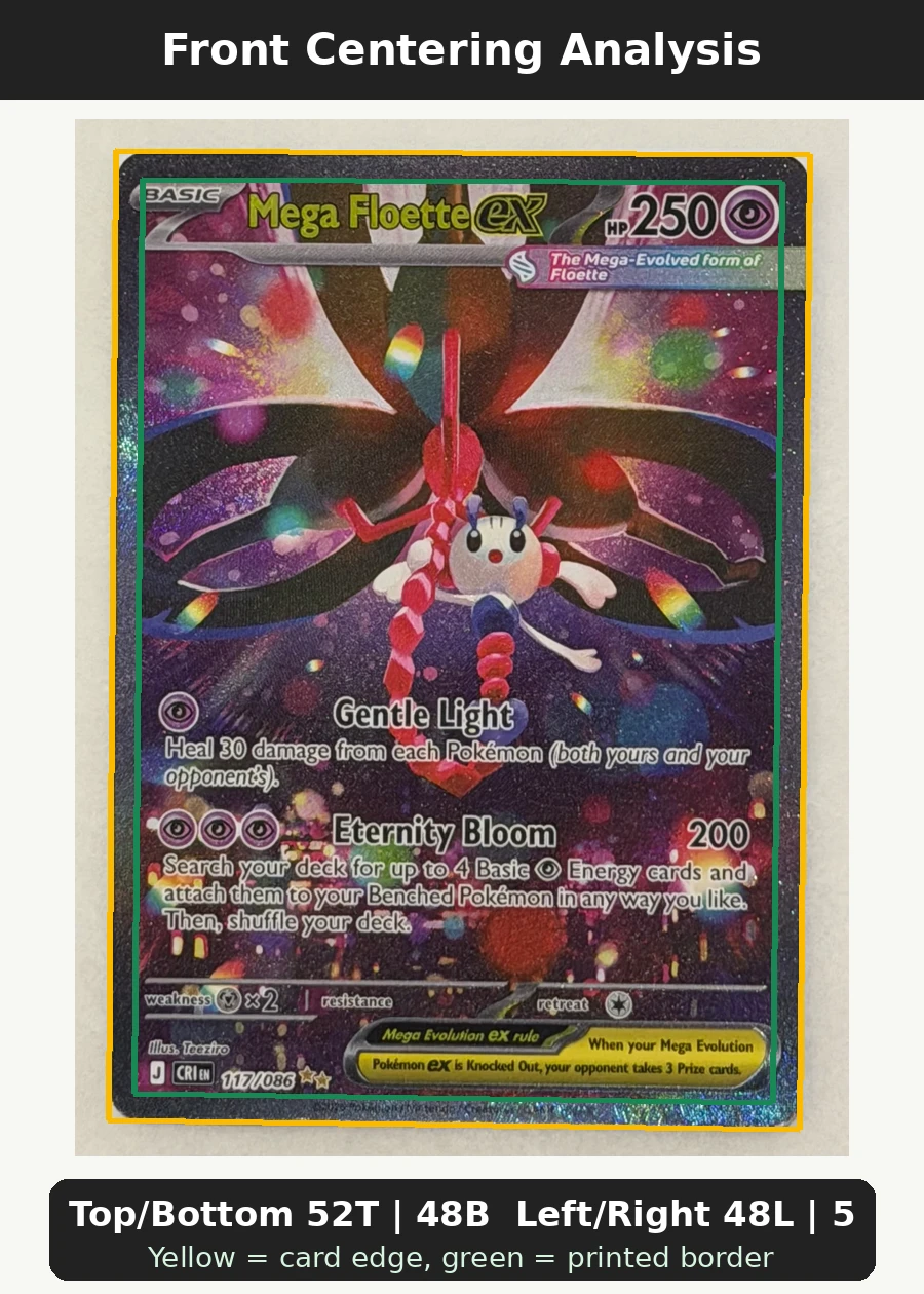 Mega Floette ex 117/86 Chaos Rising front centering analysis showing Top/Bottom 52T | 48B and Left/Right 48L | 52R.