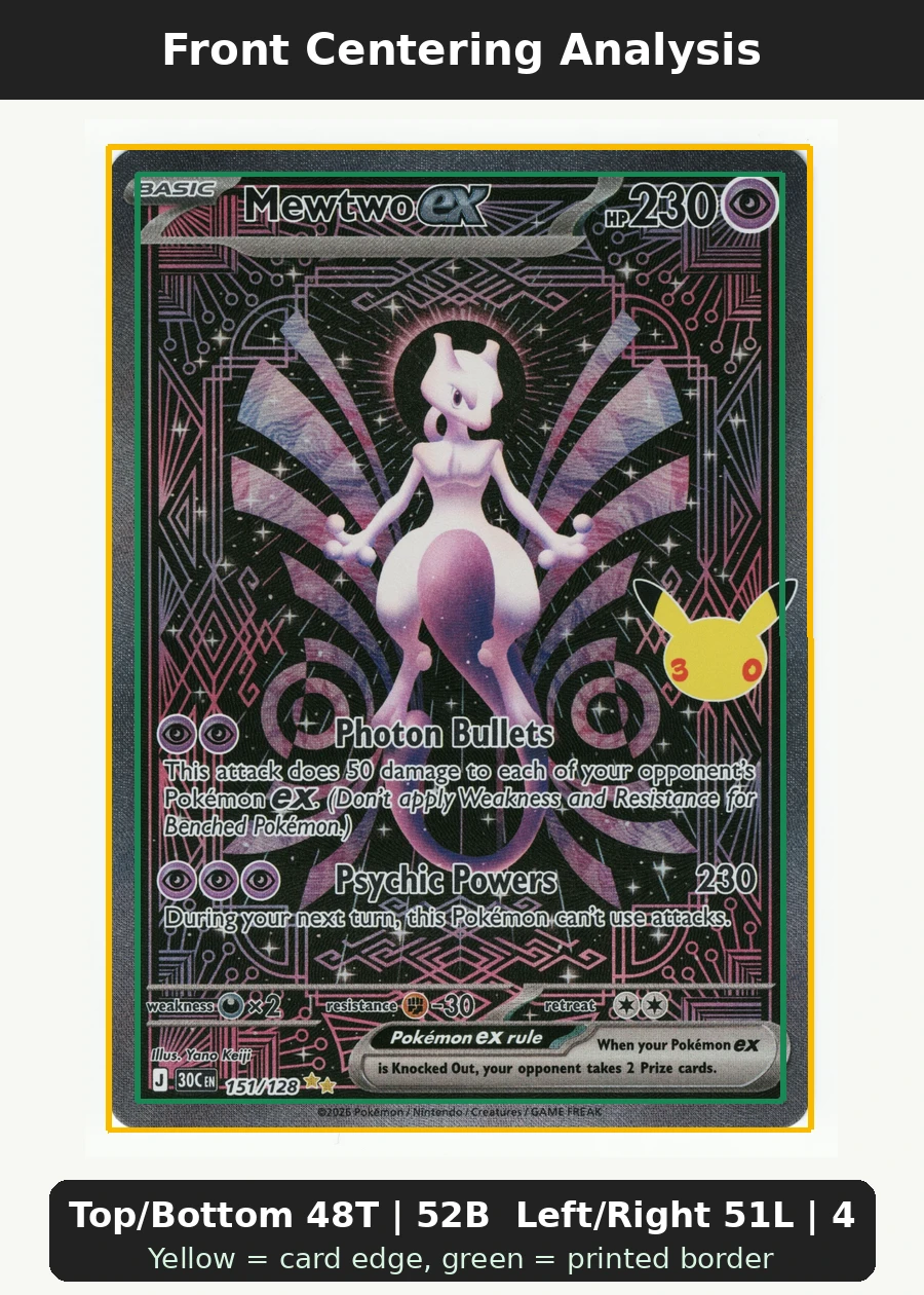 Mewtwo ex 151/128 30th Celebration front centering analysis showing Top/Bottom 48T | 52B and Left/Right 51L | 49R.