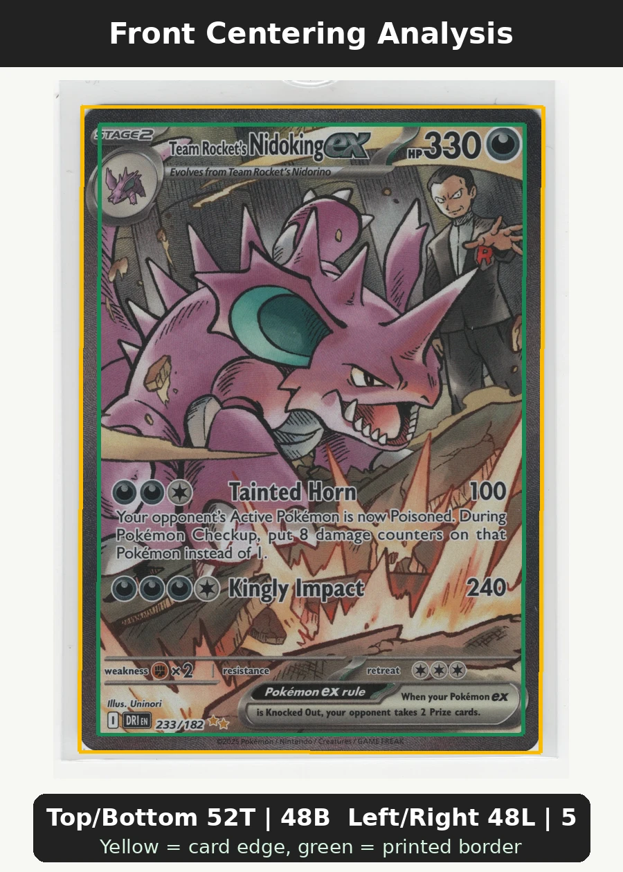 Team Rocket's Nidoking ex 233/182 Destined Rivals front centering analysis showing Top/Bottom 52T | 48B and Left/Right 48L | 52R.