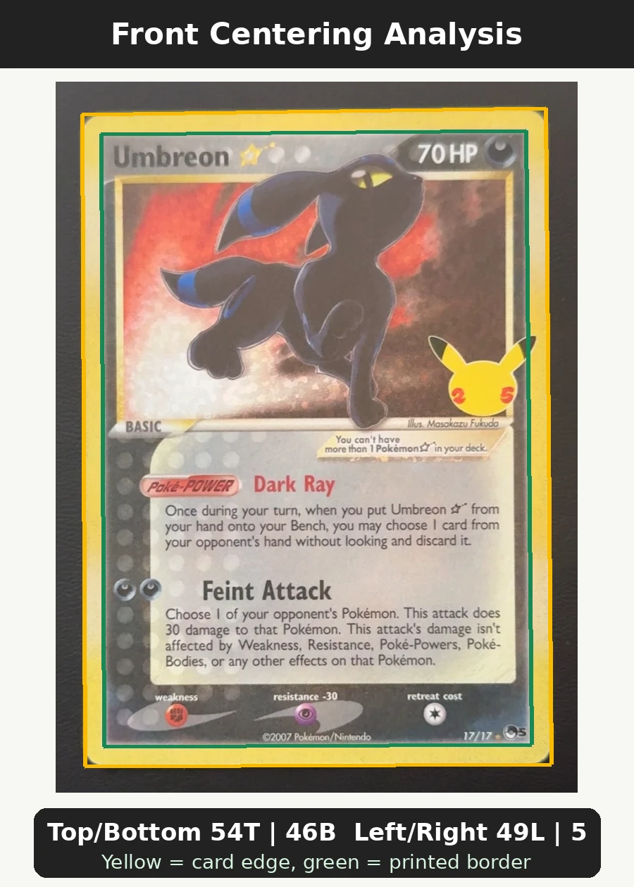 Umbreon Star 17A/25 Celebrations front centering analysis showing Top/Bottom 54T | 46B and Left/Right 49L | 51R.
