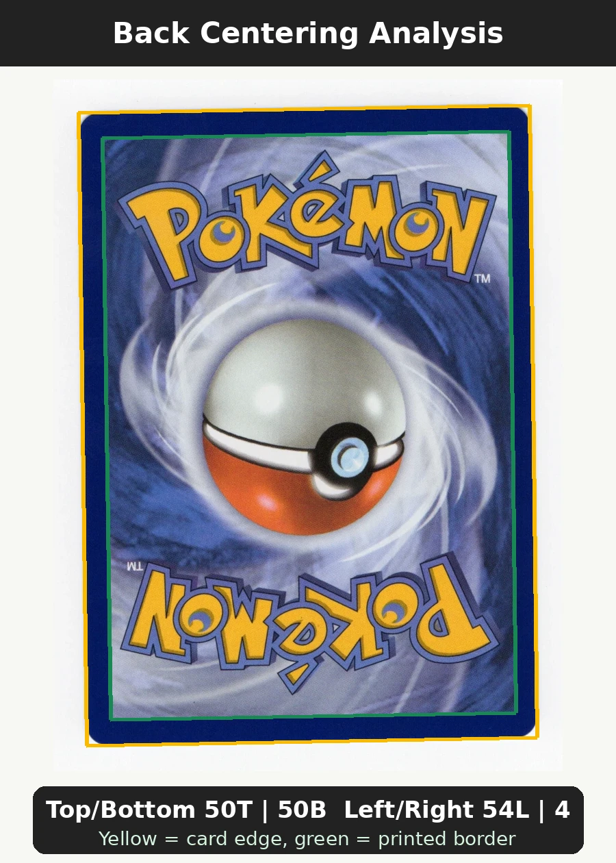 Shining Celebi 106 30th Classic Collection back centering analysis showing Top/Bottom 50T | 50B and Left/Right 54L | 46R.