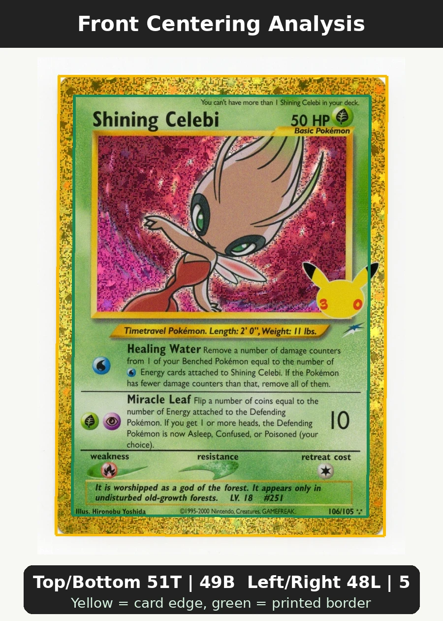Shining Celebi 106 30th Classic Collection front centering analysis showing Top/Bottom 51T | 49B and Left/Right 48L | 52R.