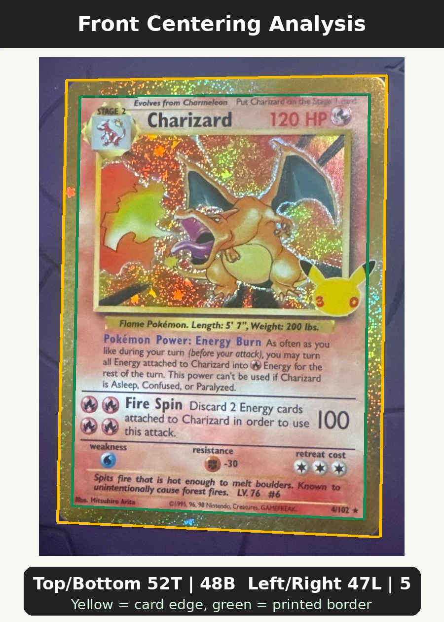 Charizard 004 30th Classic Collection front centering analysis showing Top/Bottom 52T | 48B and Left/Right 47L | 53R.
