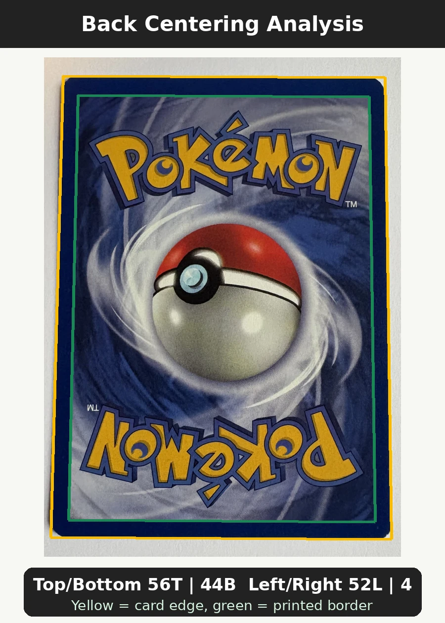 Dragonite 005/53 Wizards Black Star Promos back centering analysis showing Top/Bottom 56T | 44B and Left/Right 52L | 48R.
