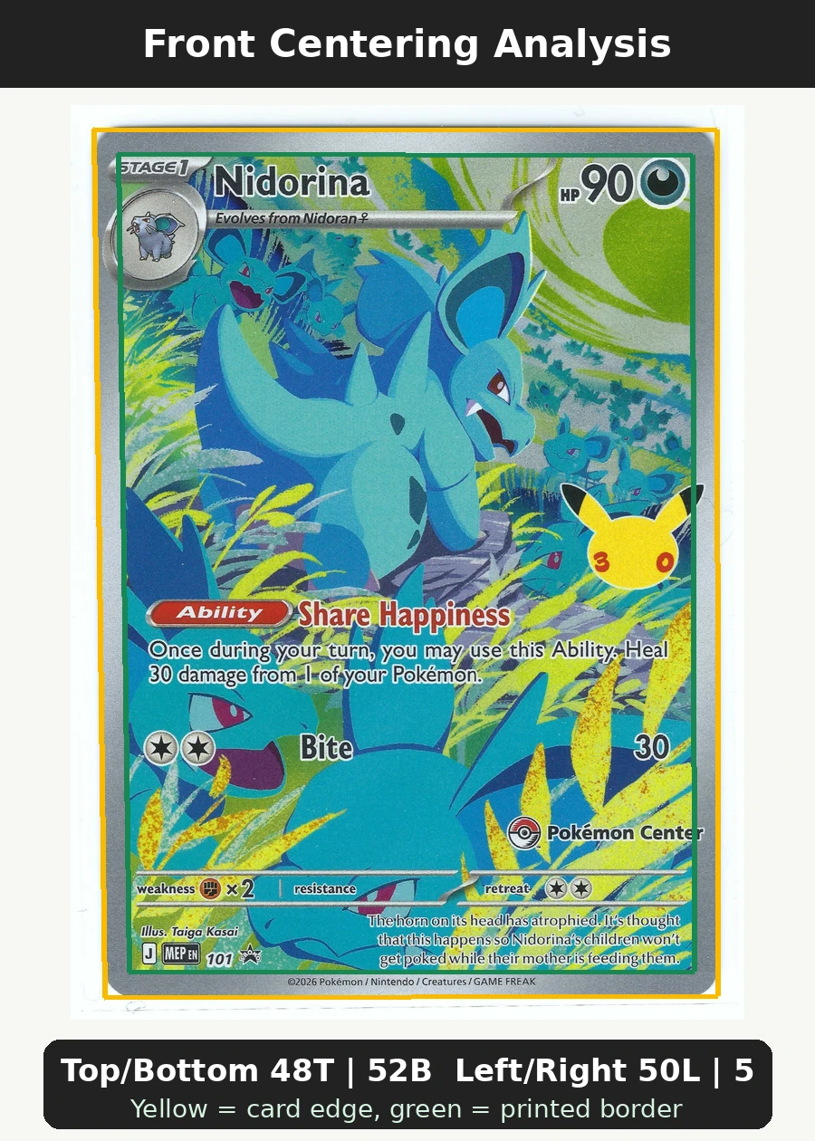 Nidorina 114/103 MEGA Expansion 30th Celebration front centering analysis showing Top/Bottom 48T | 52B and Left/Right 50L | 50R.