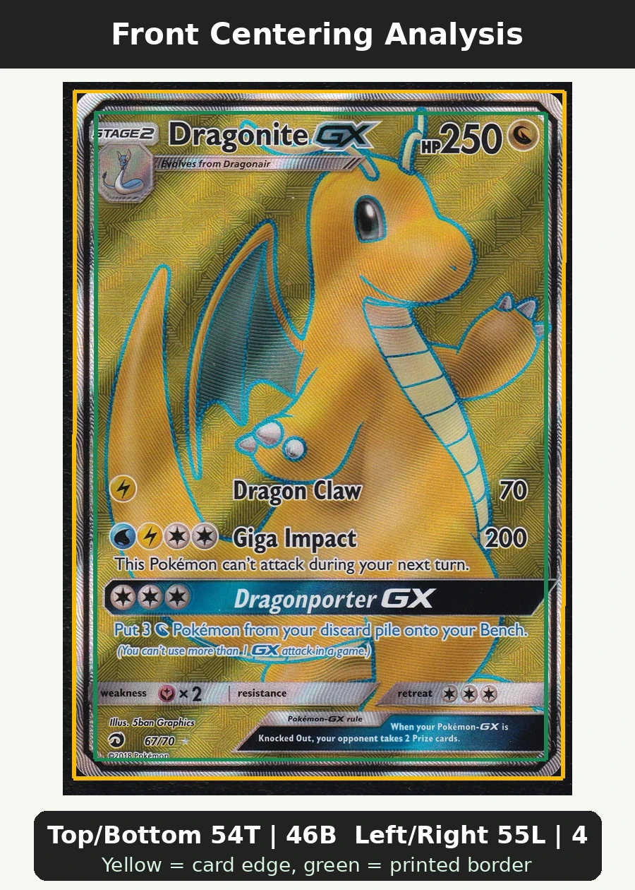 Dragonite GX 067/70 Dragon Majesty front centering analysis showing Top/Bottom 54T | 46B and Left/Right 55L | 45R.