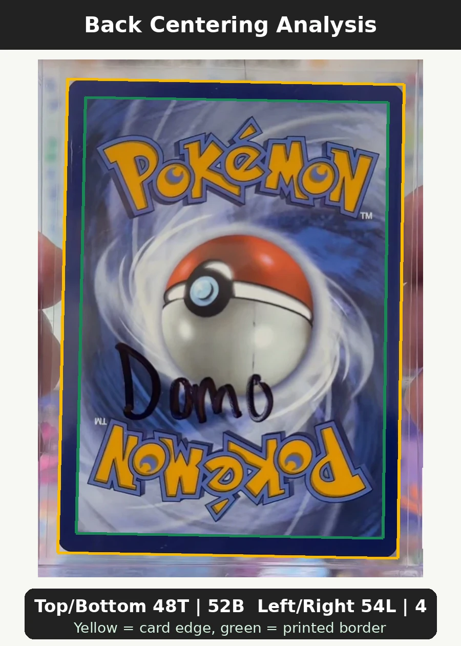 Charizard 004 30th Classic Collection back centering analysis showing Top/Bottom 48T | 52B and Left/Right 54L | 46R.