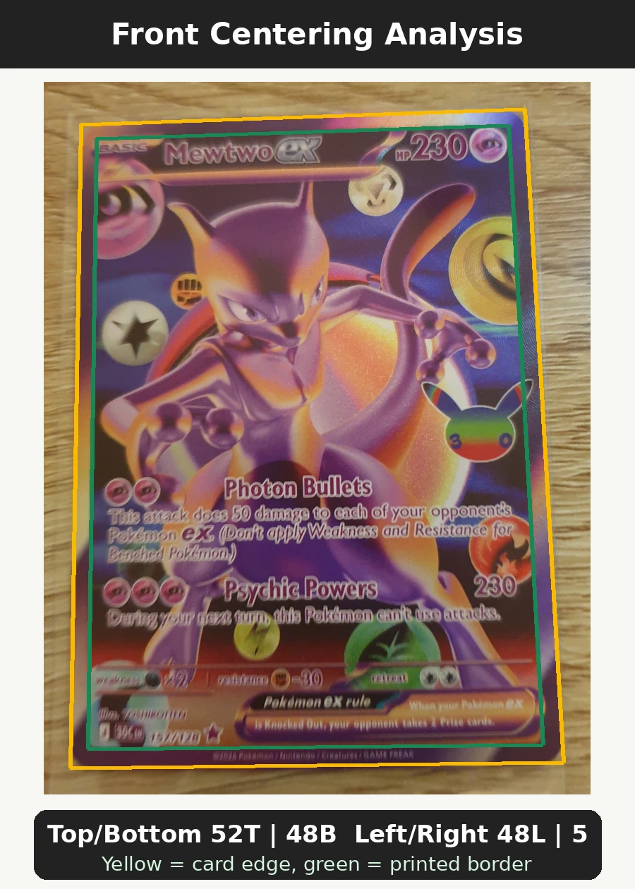 Mewtwo ex 157/128 30th Celebration front centering analysis showing Top/Bottom 52T | 48B and Left/Right 48L | 52R.