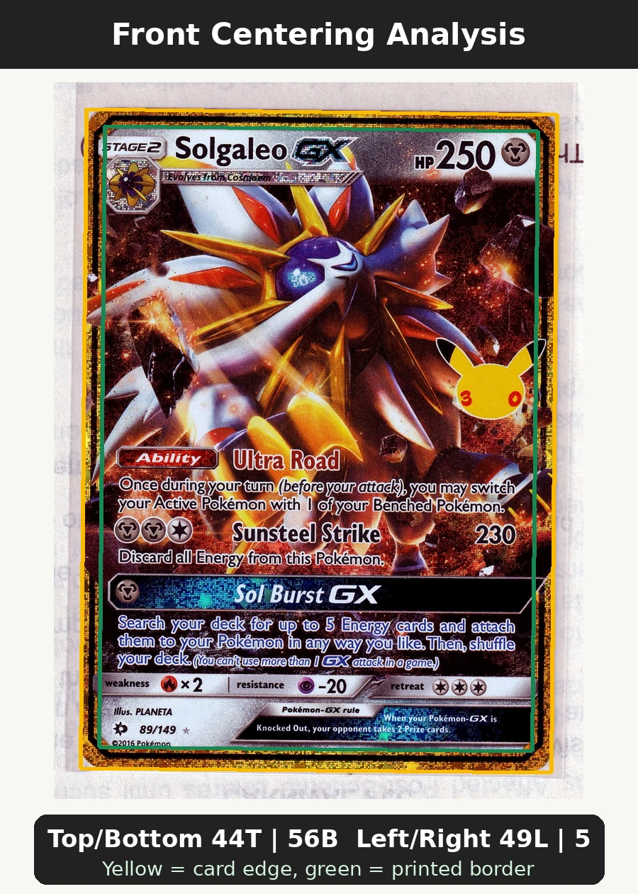 Solgaleo GX 089 30th Classic Collection front centering analysis showing Top/Bottom 44T | 56B and Left/Right 49L | 51R.