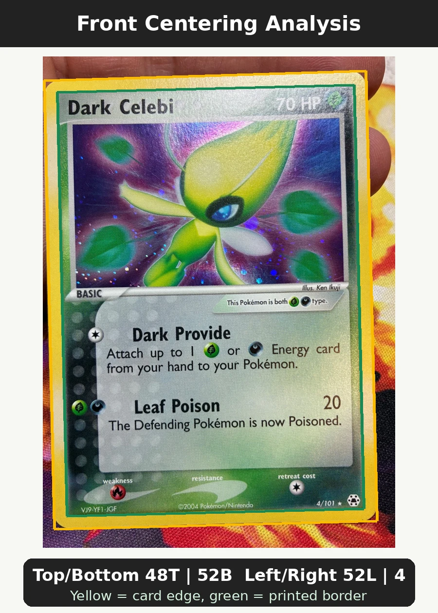 Dark Celebi 004/101 Hidden Legends front centering analysis showing Top/Bottom 48T | 52B and Left/Right 52L | 48R.