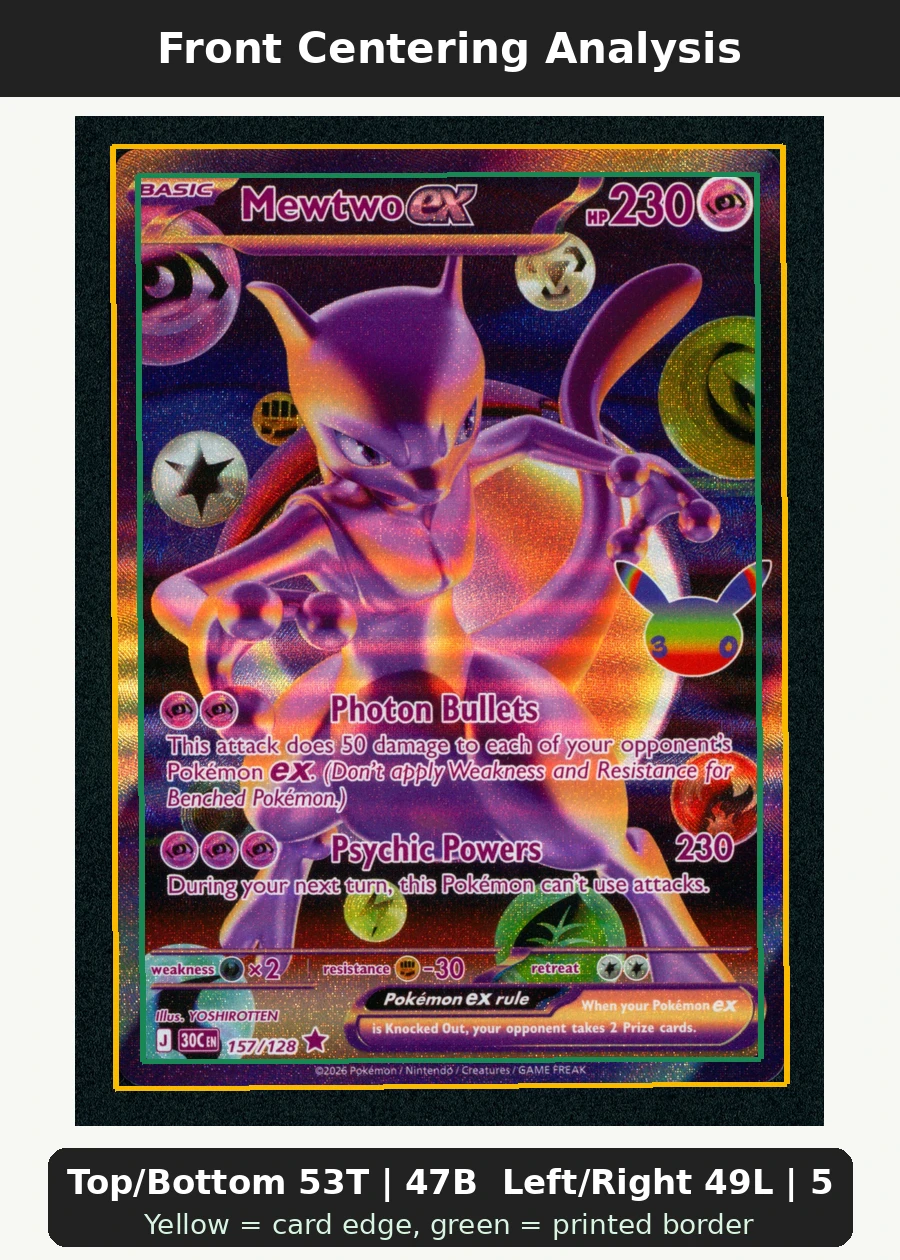 Mewtwo ex 157/128 30th Celebration front centering analysis showing Top/Bottom 53T | 47B and Left/Right 49L | 51R.