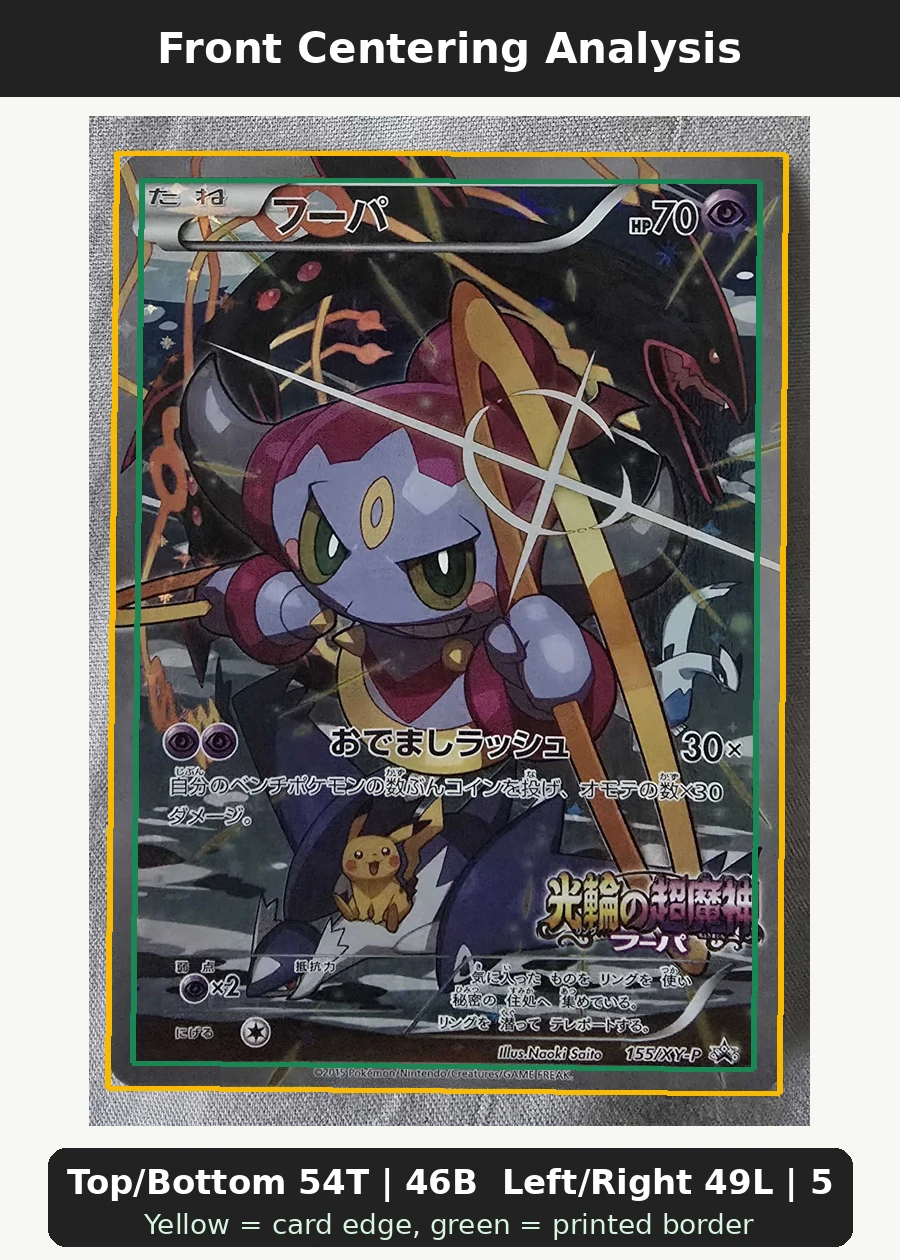Hoopa 155 XY Promos front centering analysis showing Top/Bottom 54T | 46B and Left/Right 49L | 51R.