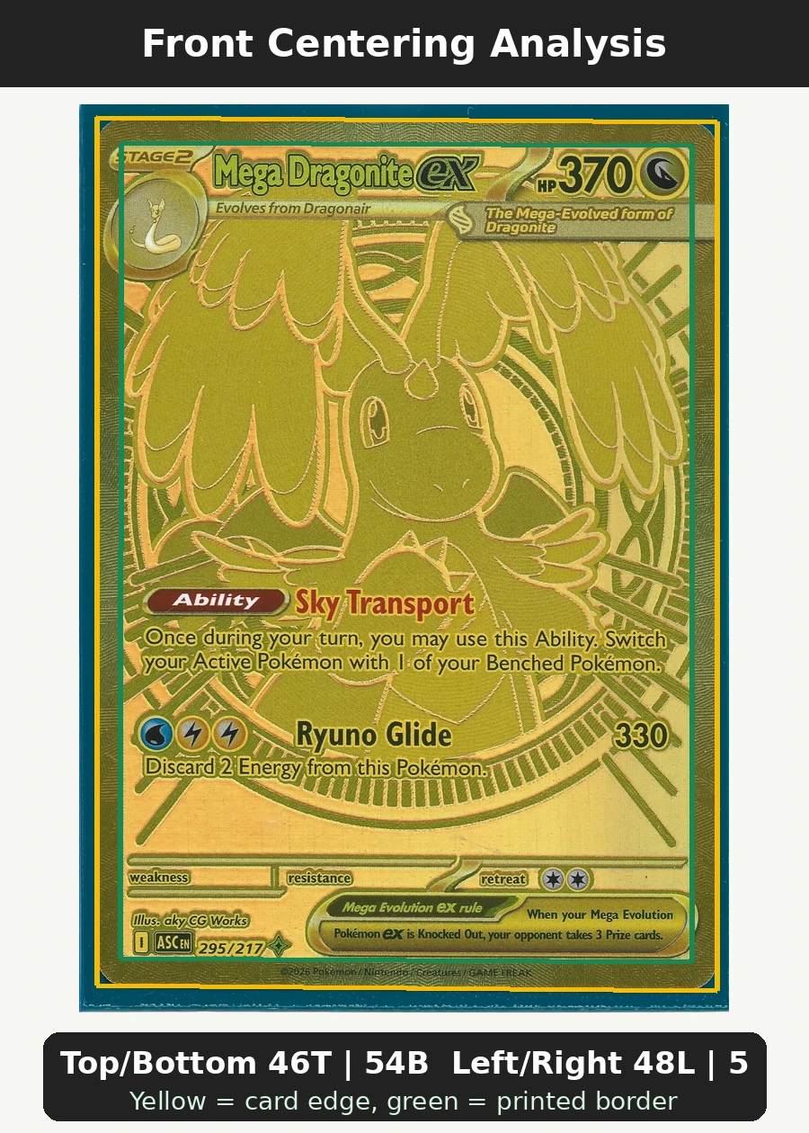 Mega Dragonite ex 295/217 Ascended Heroes front centering analysis showing Top/Bottom 46T | 54B and Left/Right 48L | 52R.