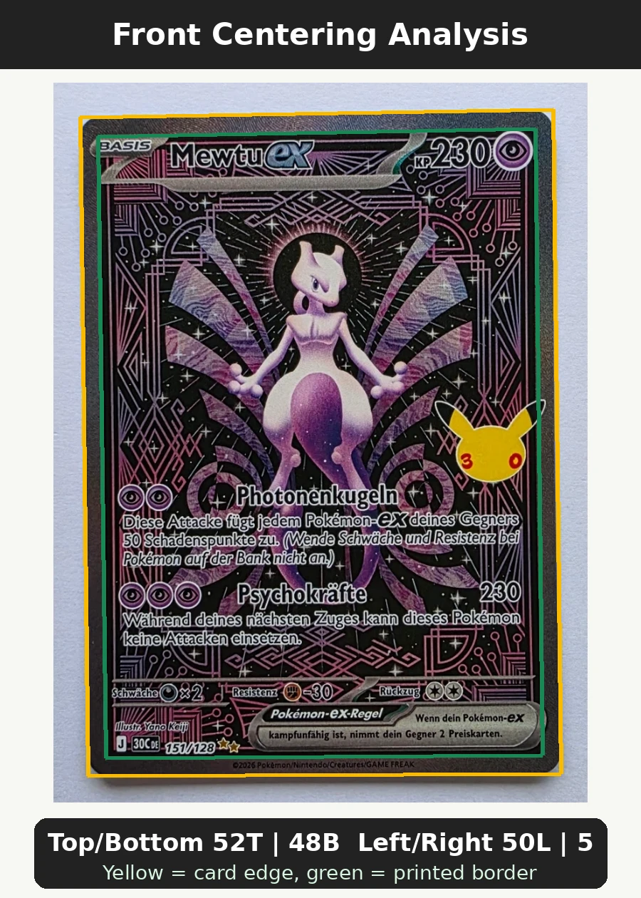 Mewtwo ex 151/128 30th Celebration front centering analysis showing Top/Bottom 52T | 48B and Left/Right 50L | 50R.