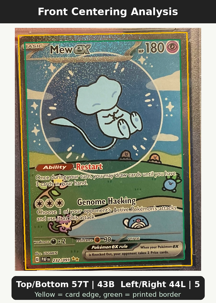 Mew ex 232/91 Paldean Fates front centering analysis showing Top/Bottom 57T | 43B and Left/Right 44L | 56R.