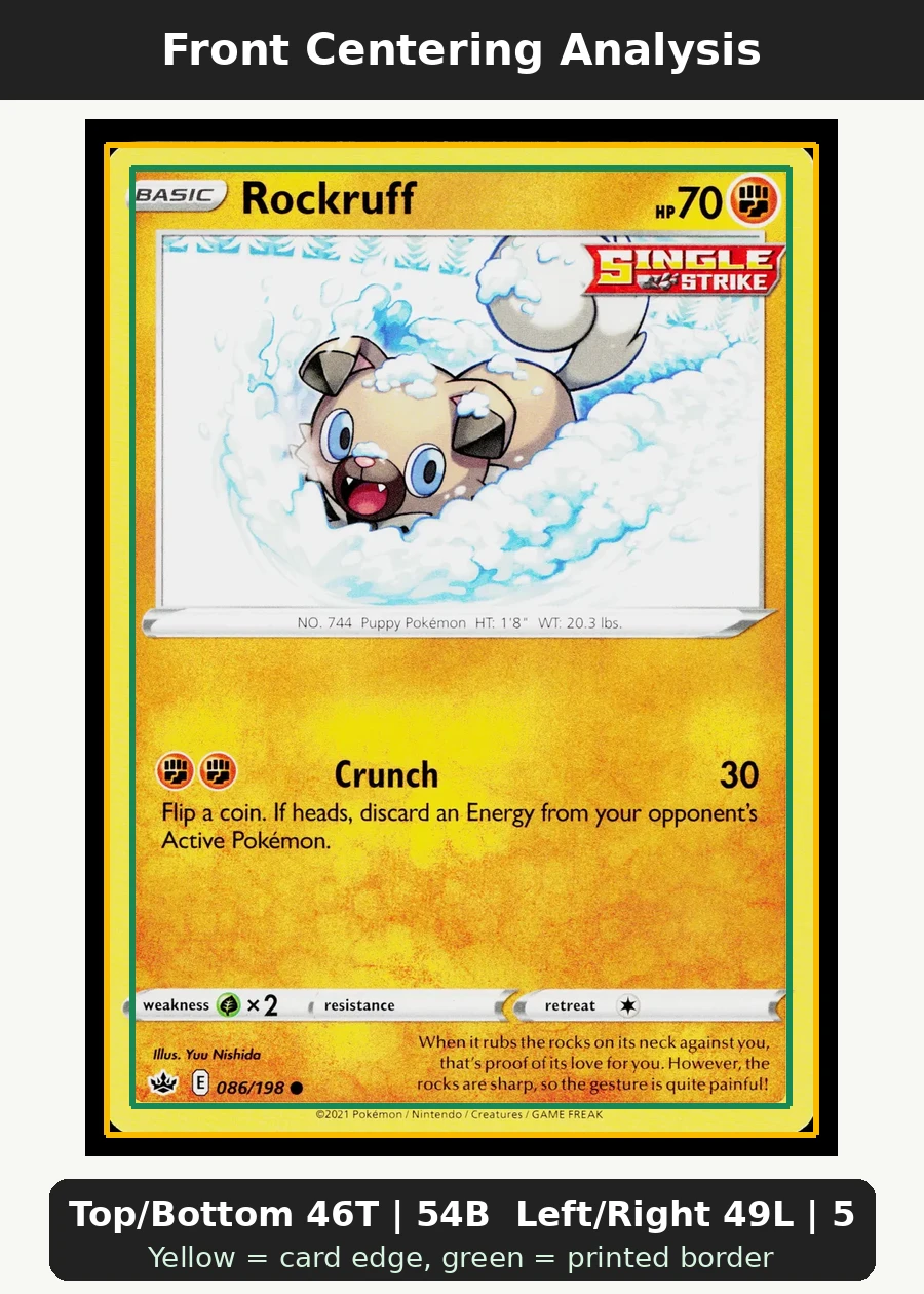 Rockruff 086/198 Chilling Reign front centering analysis showing Top/Bottom 46T | 54B and Left/Right 49L | 51R.
